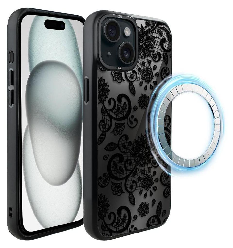 Schutzhülle für das iPhone 15 Plus, MagSafe-kompatibel, mattschwarze Seiten, Zierspitze