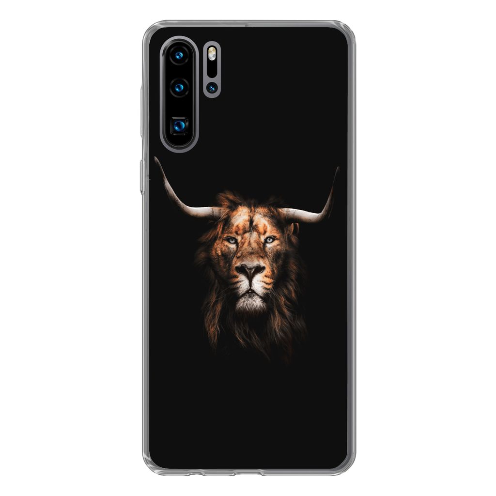 MuchoWow Handyhülle Schutzhülle Hülle für Huawei P30 Pro Löwe - Horn - Schwarz Silikon Softcase Handy Hülle - Schutzdeckel