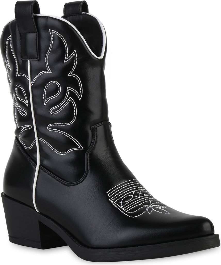 VAN HILL Damen Stiefeletten Cowboy Boots Stickereien Schuhe 840203, Farbe: Schwarz, Größe: 40