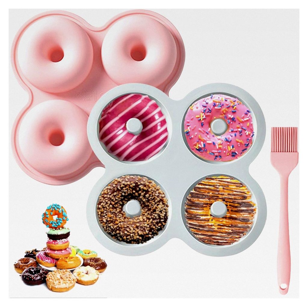 Silikon Donut Formen 2 Stück mit 4 Hohlräumen und Silikonpinsel