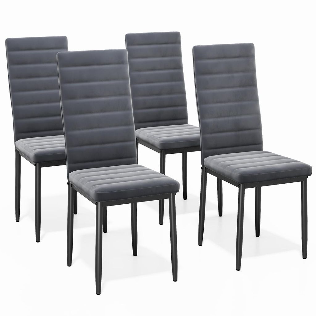 Four dark gray dining chairs are arranged on a white background.