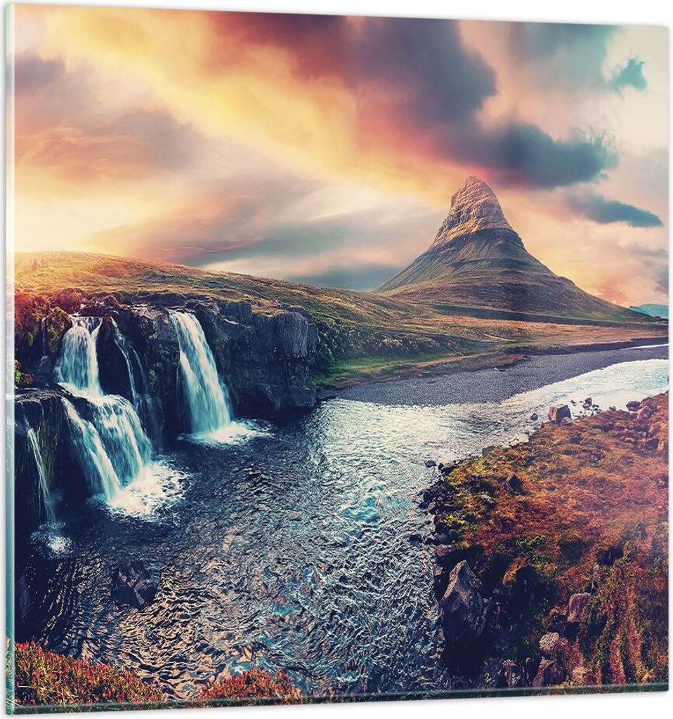 Bilder auf glas - Einteilig - Wasserfall Himmel Berg - 70x70cm - Glasbilder - Wandbilder - Bilder - zum Aufhängen bereit - Wanddekoration aus Glas...