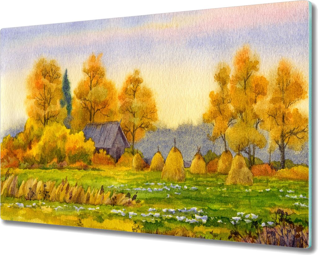 Coloray Küchenbrett Kochplattenabdeckung Hackbrett Schneidebrett Herdabdeckplatte 80x52 cm - Gemälde Herbst Dorf