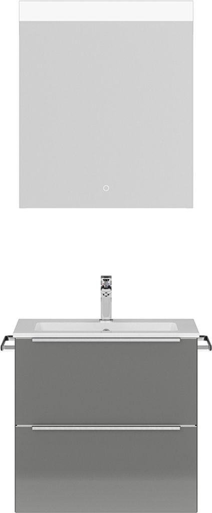 Badmöbel Waschplatz Set mit 61cm Waschtisch, Spiegel und LED Beleuchtung, Griffleisten edelstahlfarben, Hochglanz grau, PALERMO-136-GREY, B/H/T ca...