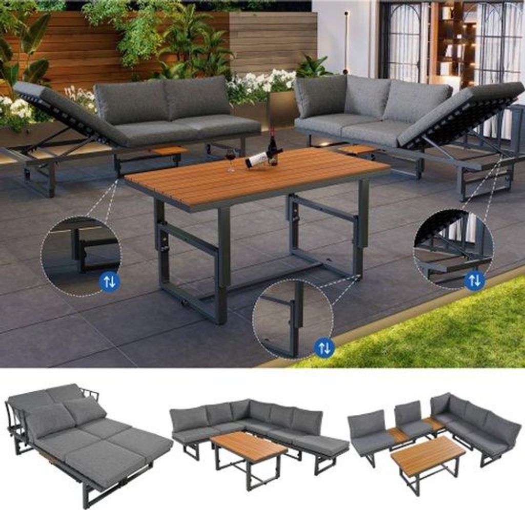 Gartenmöbelset, grau, 3-teiliges Set mit 2 Sesseln, Tisch, eiserner Rahmen, verstellbarer Rücklehne, Acaciaholz, verstellbarer Tisch, inklusive a...