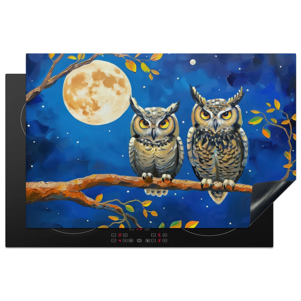 KitchenYeah Herdabdeckplatte Eulen - Malansicht - Natur - Nacht , 81x52cm, Küche Deko, Glaskeramikkochfeld Herdabdeckung, Abdeckplatte fùr Koch...