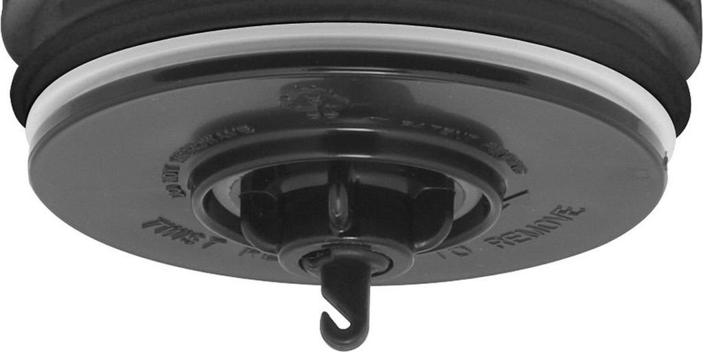 A close-up view of the bottom of a black thermos lid with a hook-like mechanism.