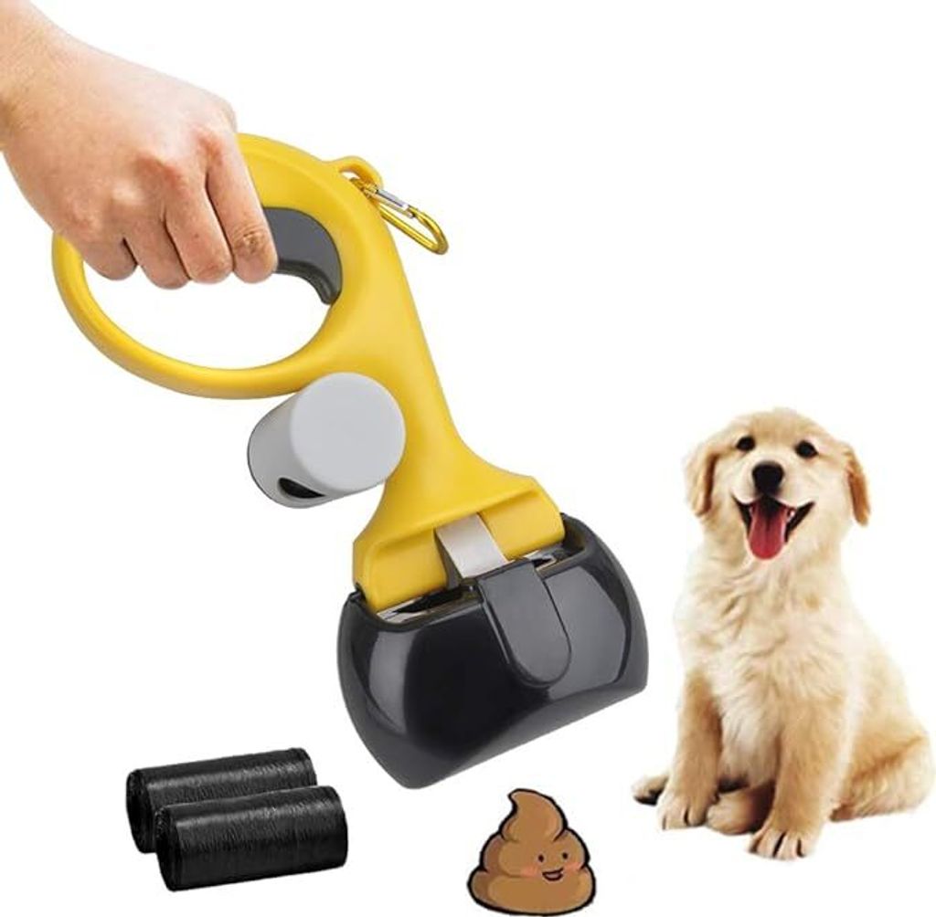 A hand holding a yellow dog waste scooper with a golden retriever puppy sitting next to it, along with two rolls of waste bags and a cartoon poop emoji.