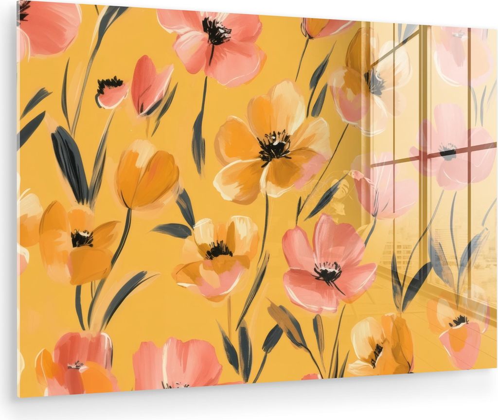 MuchoWow Glasbilder - Bilder auf Wandbild - Foto auf Glas Blumen - Gemalt - Gelb 120x80 cm Wanddekoration aus Glas - Acrylglasbild - Acrylbilder - ...