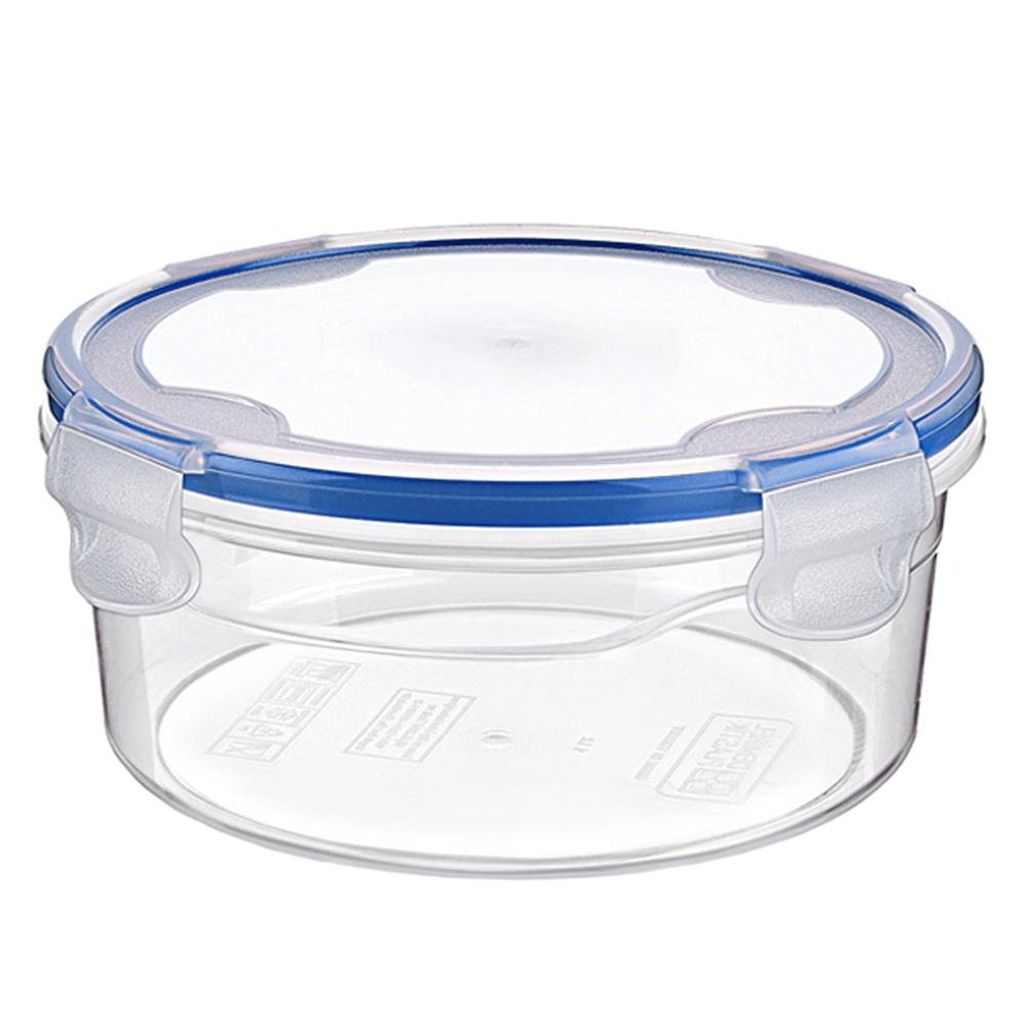 A clear studio shot of a round, clear plastic food storage container with a blue lid and white clasps.