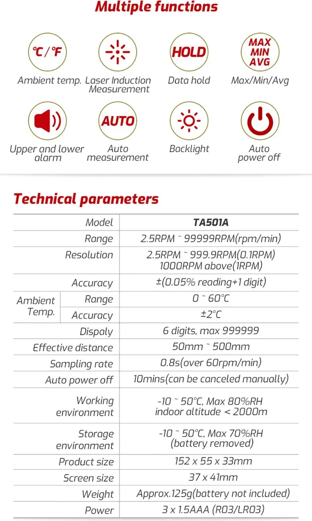 Tachymètre numérique avec écran LCD - Plage de 2.5 à 99999 RPM haute précision