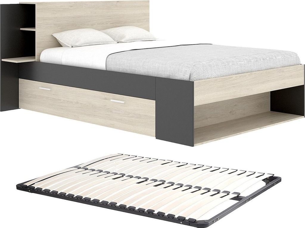 Bett 140 x 190 cm mit Kommode und - Natur und schwarz + Rahmen - KEROSIA