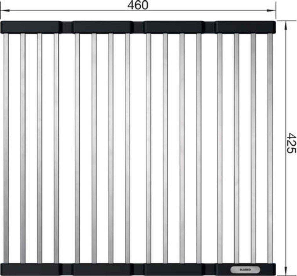 A top-down view of a stainless steel dish rack with black frame, with dimensions indicated.
