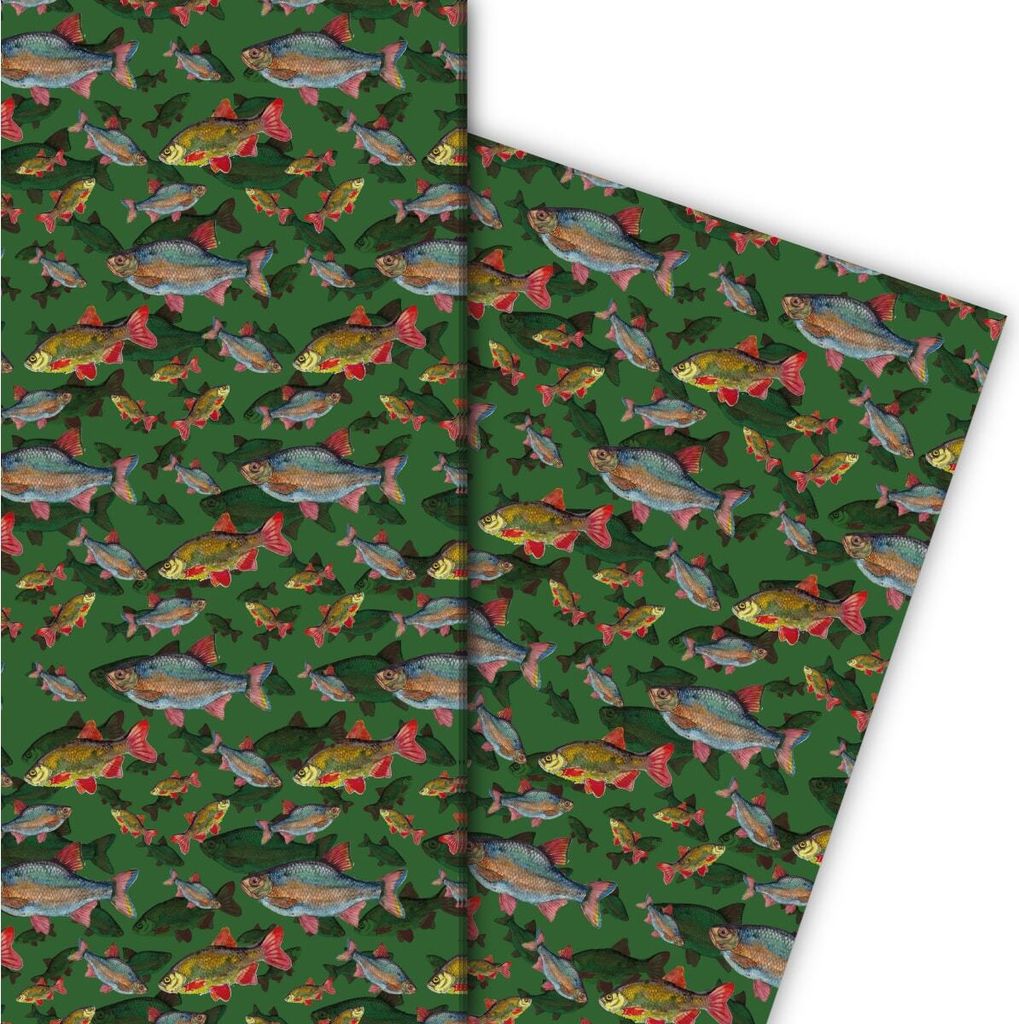 Edles Geschenkpapier mit Fischen unter Wasser auf grün - Produktbild 1