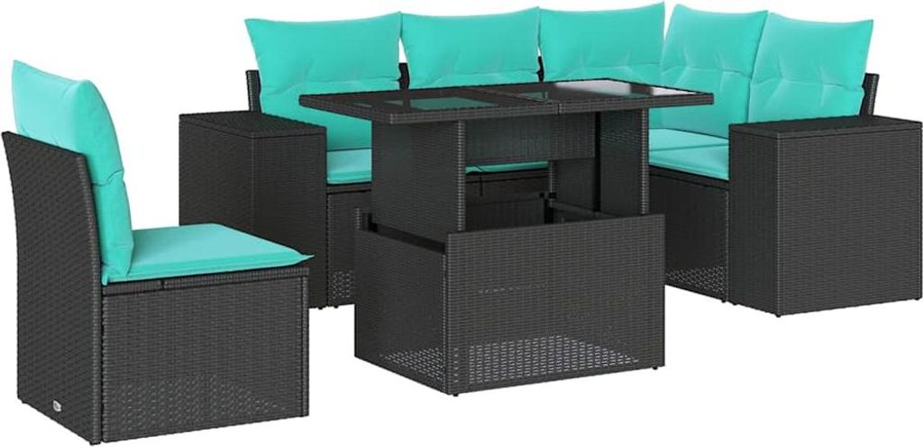 6-teiliges Gartensofa-Set mit Kissen, schwarzes Polyrattan