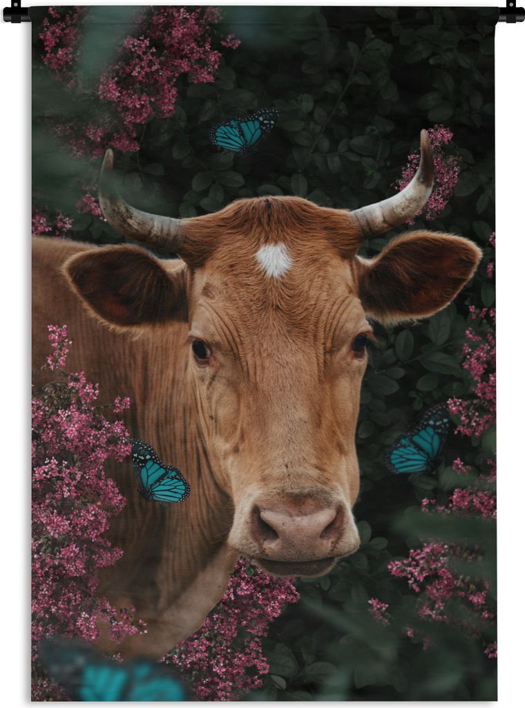MuchoWow Wandteppich Wandbehang Kuh - Blumen - Schmetterlinge - Porträt 120x180 cm Tapisserie Dekoration Wandtuch - Schlafzimmer - Dekorationen ...