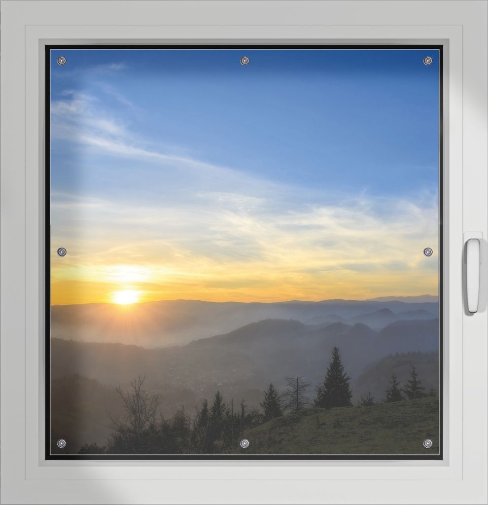 Wallario Lichtschutzbild, Dekorativer Sichtschutz Sonnenschutz 96 x 100 cm mit Motiv: Sonnenaufgang über dem Schwarzwald - Verdunklung ohne Bohren