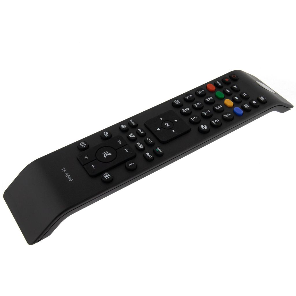A black remote control is shown against a white background.
