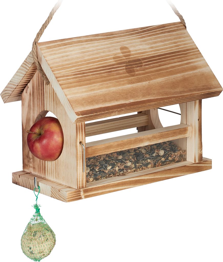 Relaxdays Vogelfutterhaus, geflammtes Design,Zertifikat, Produktbild 