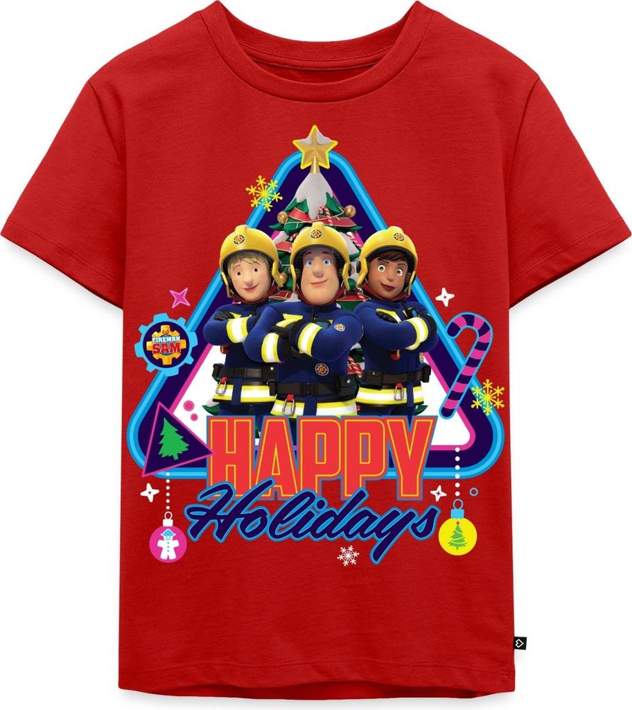 Spreadshirt Feuerwehrmann Sam Happy Holidays From The Team Kinder Premium T-Shirt, 122/128 (6 Jahre), Rot