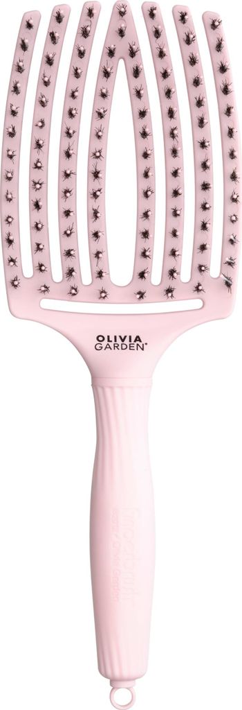 A pink hairbrush with gray bristles is shown against a white background.