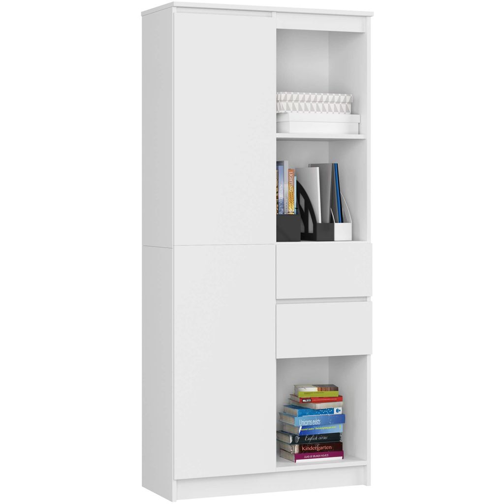 Hoher Regalschrank – Bücherregale – Regal – CLP – 80 cm – Weiß Matt – Modernes Standregal mit Tür und 2 Schubladen