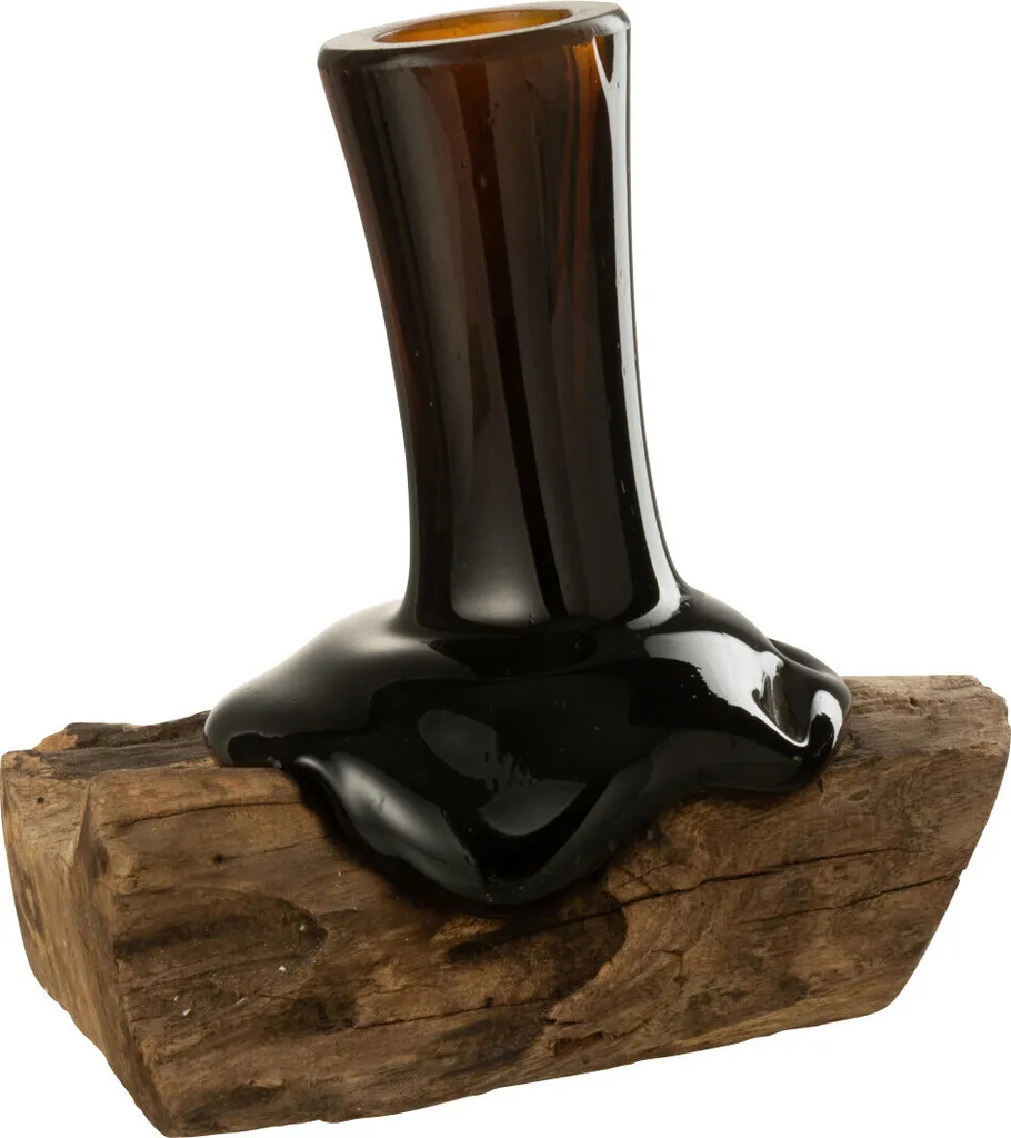 Vase J-Line Gamal en Verre Recyclé et Support Bois Naturel Sculpté