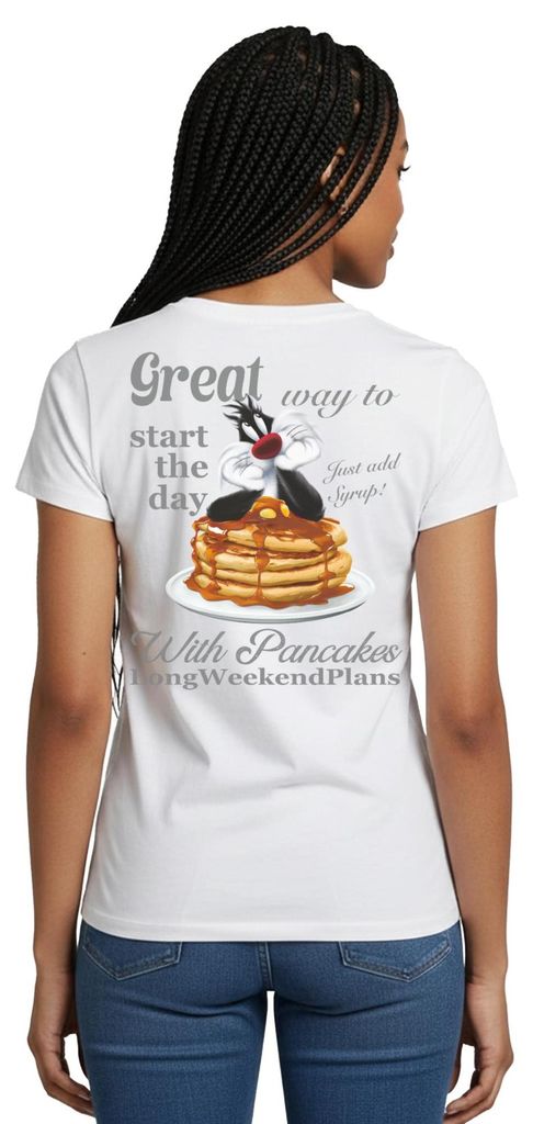 Spreadshirt Looney Tunes Pancakes Mit Spruch Und Sylvester Cat Frauen T-Shirt, XL, Weiß