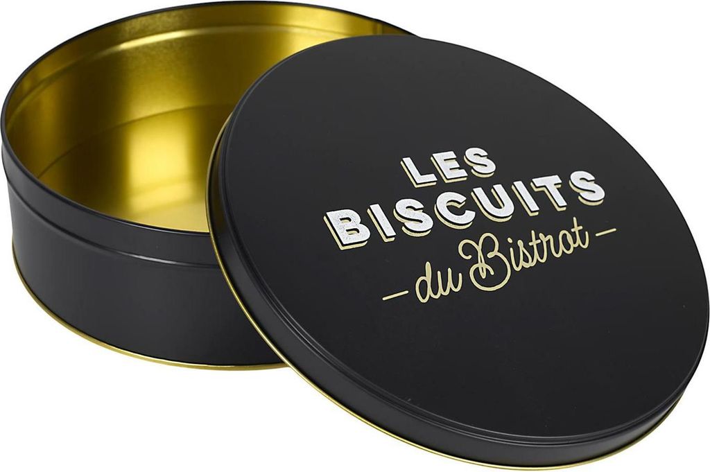 HowHomely | Keksdose - Plätzchendose - Rund - 22 x 22 x 7 cm - Schwarz Gold - Gebäckdose - Metall - mit Aufschrift