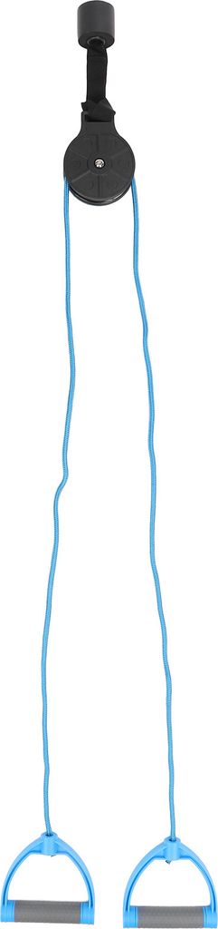 A pulley system for physical therapy, with two handles attached to blue cords.