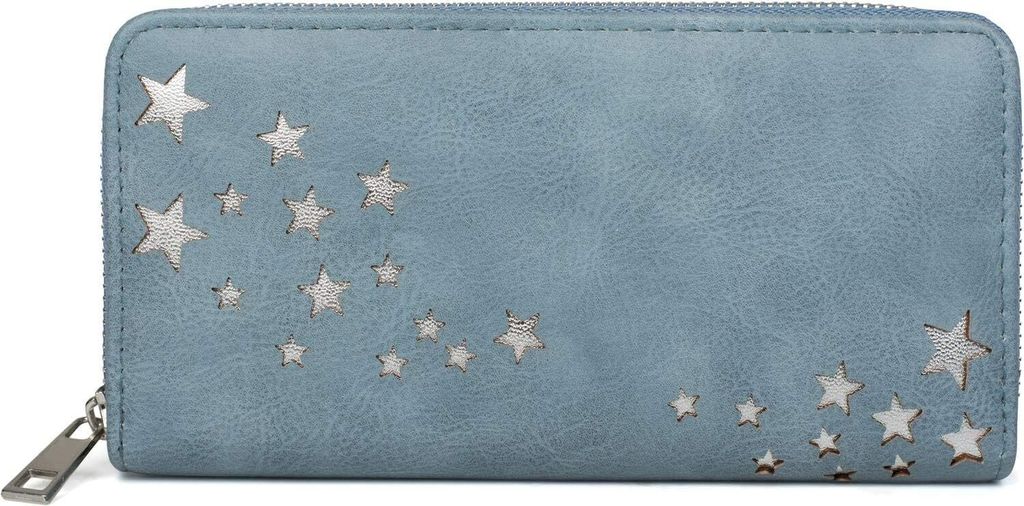 Damen Portemonnaie mit Metallic Stern Cut-Outs, Reißverschluss, Geldbörse 02040115, Farbe:Blau