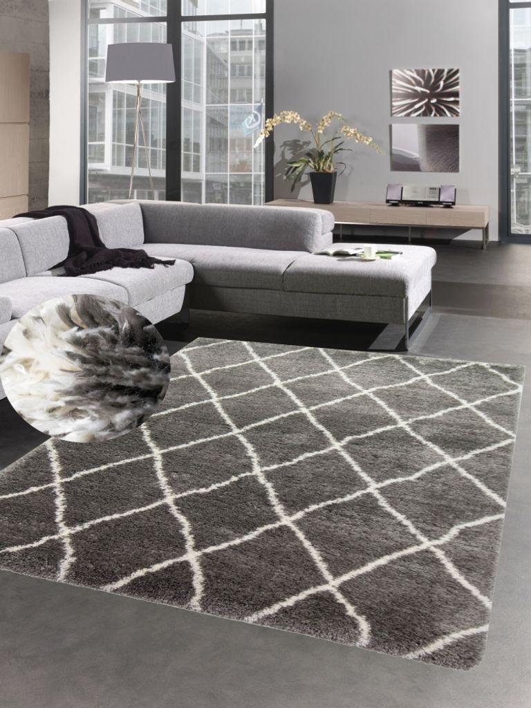 Shaggy Teppich Flokati Hochflor Rauten grau creme Größe - 80x150 cm