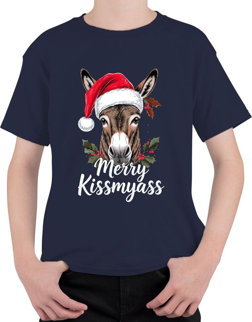 Merry Kissmyass lustiger Esel Weihnachtsesel Weihnachtsmütze Uni Kinder T-Shirt, Navy, 116