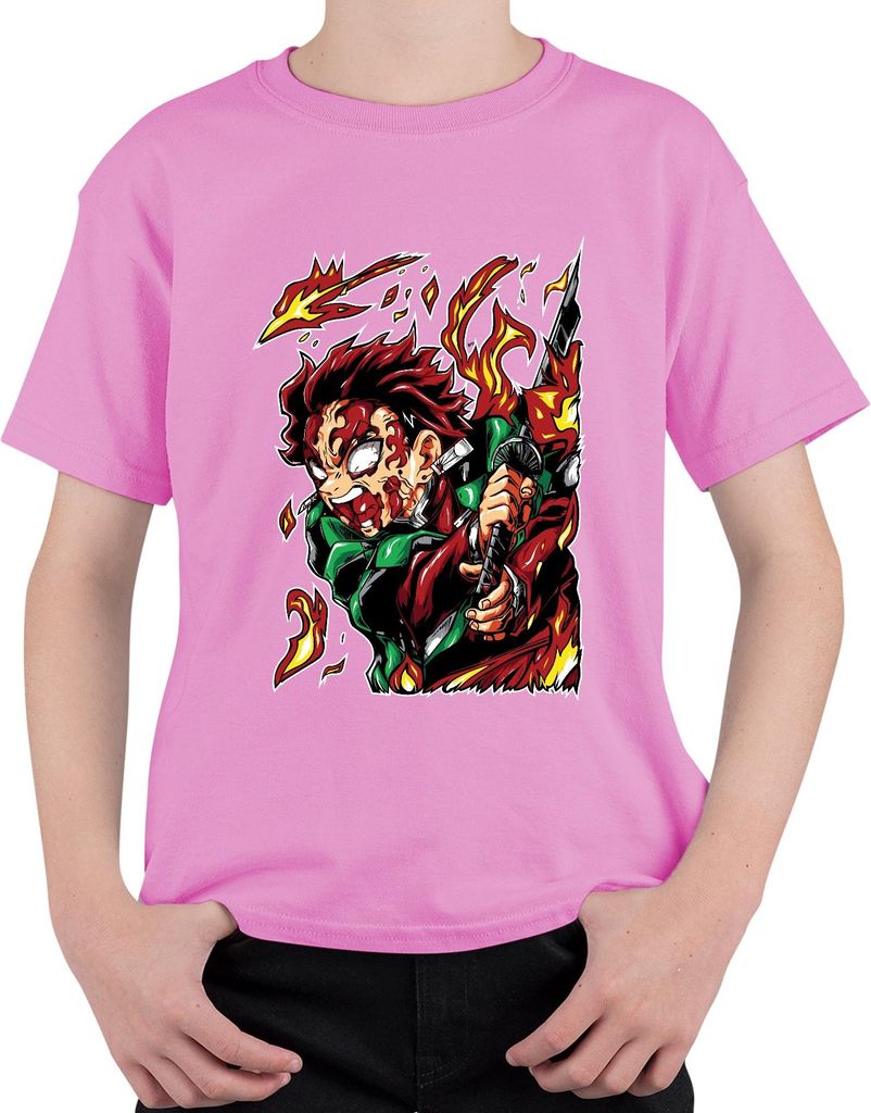 Dämonenjäger Samurai Katana Feuer Anime Geschenk Japan Y2K Streetwear Uni Kinder T-Shirt, Pink, 140