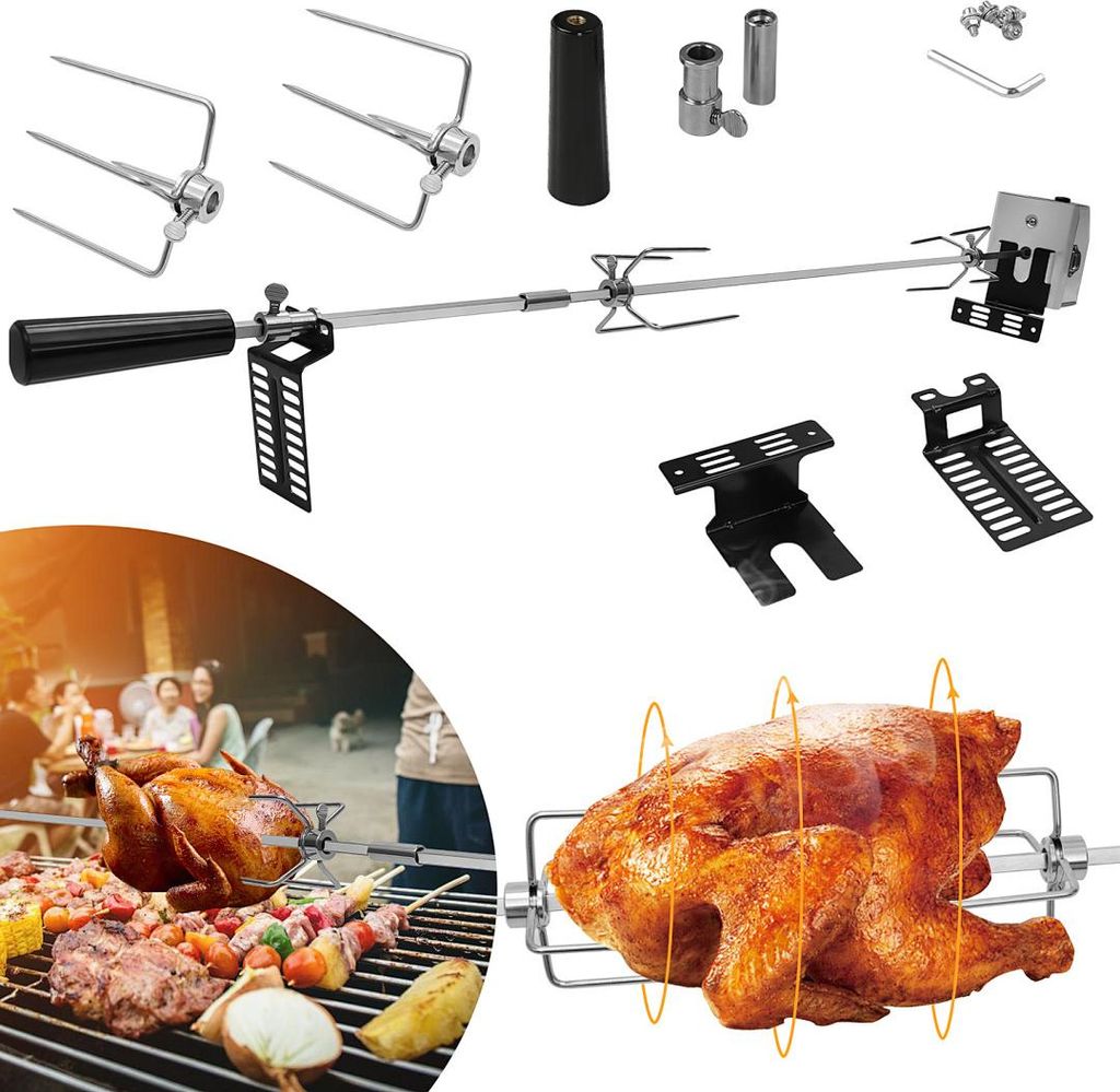 Izrielar 107 cm Edelstahl Grillspieß Set mit Motor 220–240V, Elektrischer Drehspieß inkl. 2 Fleischklammern & 2 Fleischnadeln, BBQ Rotisserie