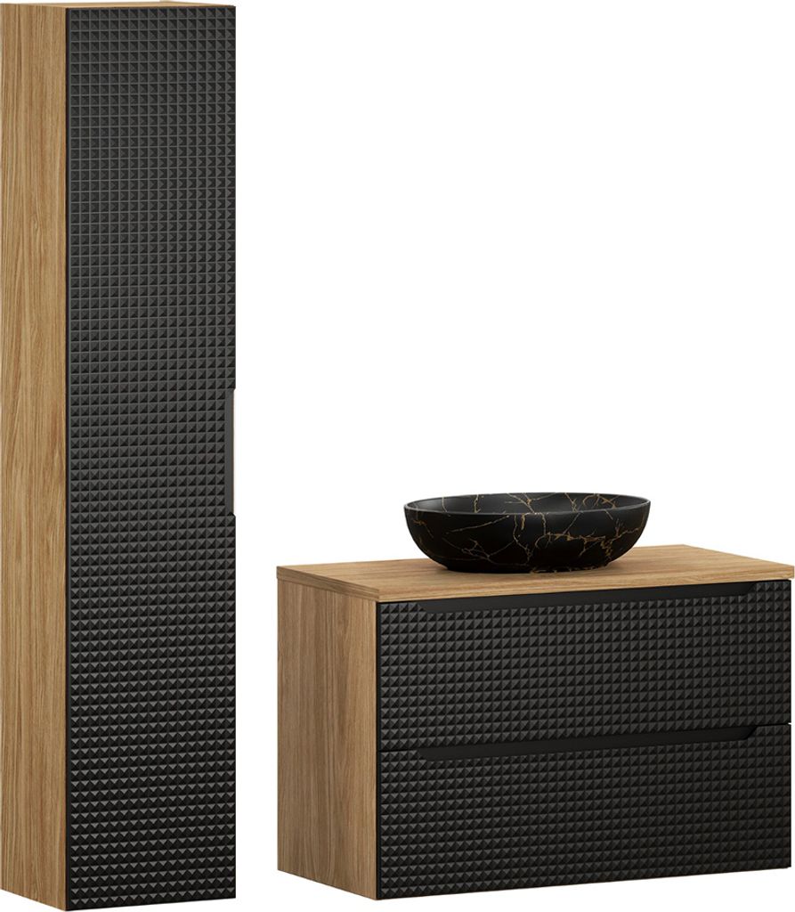 Badmöbel Set 2-teilig mit 90 cm Waschtisch in Eiche mit schwarz, LONDON-56-BLACK