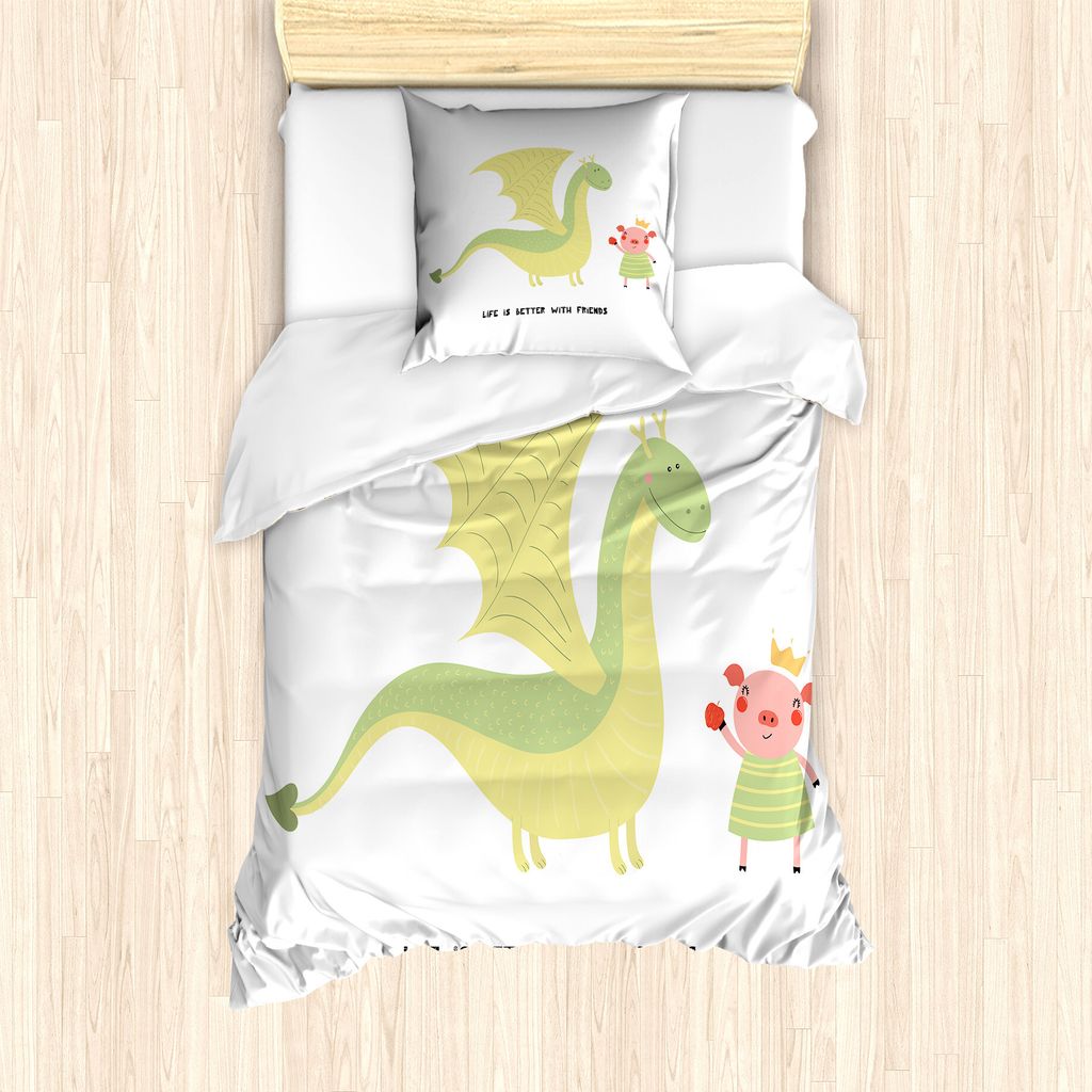 ABAKUHAUS Drachen Bettbezug Set für Einzelbetten, Das Leben ist Besser mit Freunden, Milbensicher Allergiker geeignet mit Kissenbezug, 135 cm x 20...