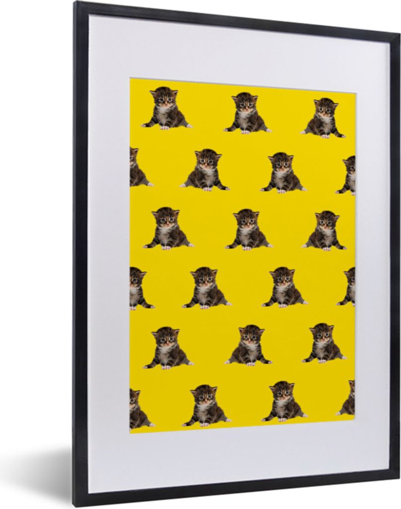 MuchoWow MuchoWow Gerahmtes Poster Kätzchen - Muster - Gelb 30x40 cm - Poster mit zchwarzem Bilderrahmen - Wandposter Schlafzimmer