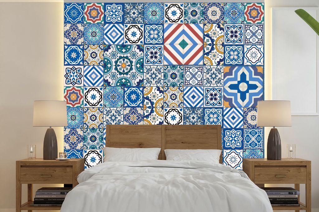 MuchoWow Fototapete für Wohnzimmer oder Schlafzimmer Wandtapete Vinyl Motivtapete Muster - Blau - Formen - 240x240 cm - Schlafzimmer-Tapete