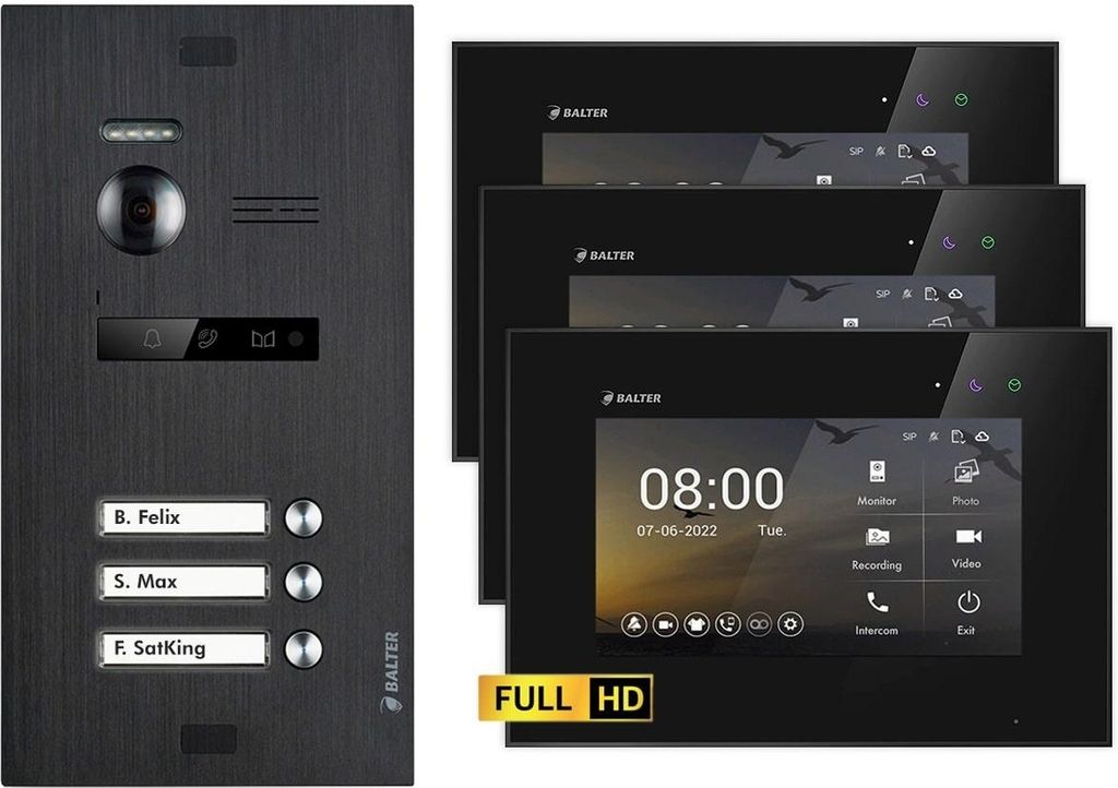 BALTER EVO HD Unterputz Schwarz 2-Draht 3x 7" Schwarz Video Türsprechanlage Set für 3 Familienhaus