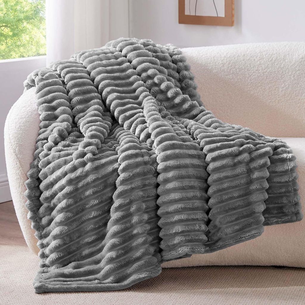 Kuscheldecke Flauschig Decke Klein - weiche Flanell Decken Grau 100x150 fš¹r Sofa, Deko Streifen Cord Fleecedecke als Sofaš¹berwurf fš¹r Wohn...