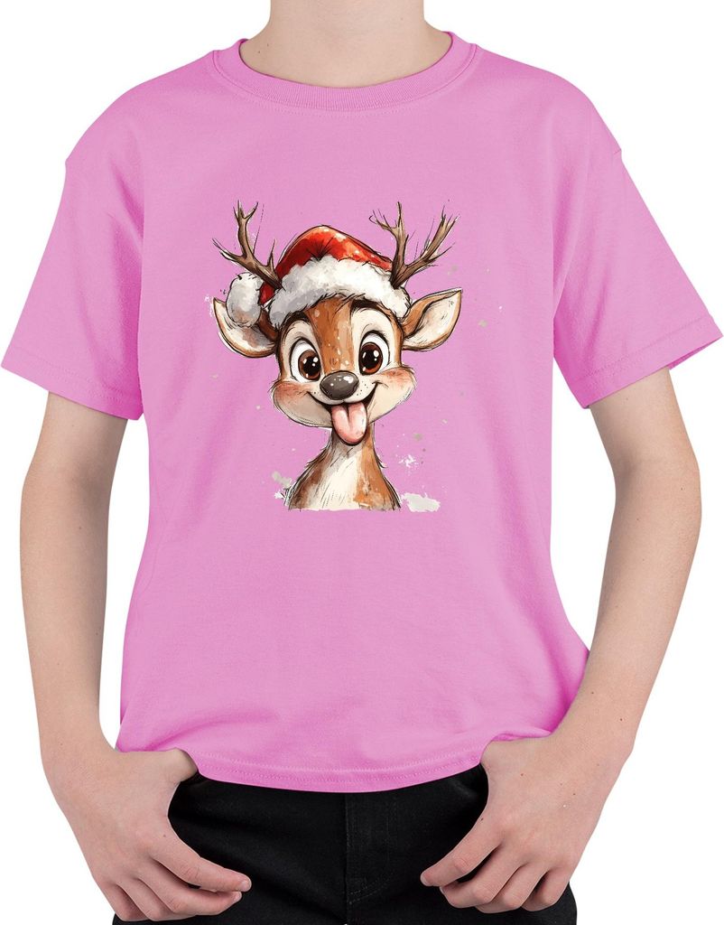 Lustiges Rentier Weihnachten Geschenk Kinder süß Zunge Vintage Uni Kinder T-Shirt, Pink, 140