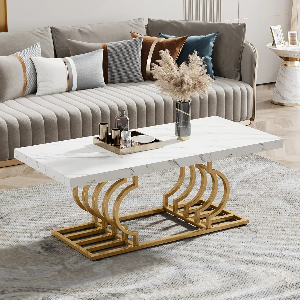 Table Basse Robuste Style Marbre Blanc Facile à Nettoyer Pieds Dorés