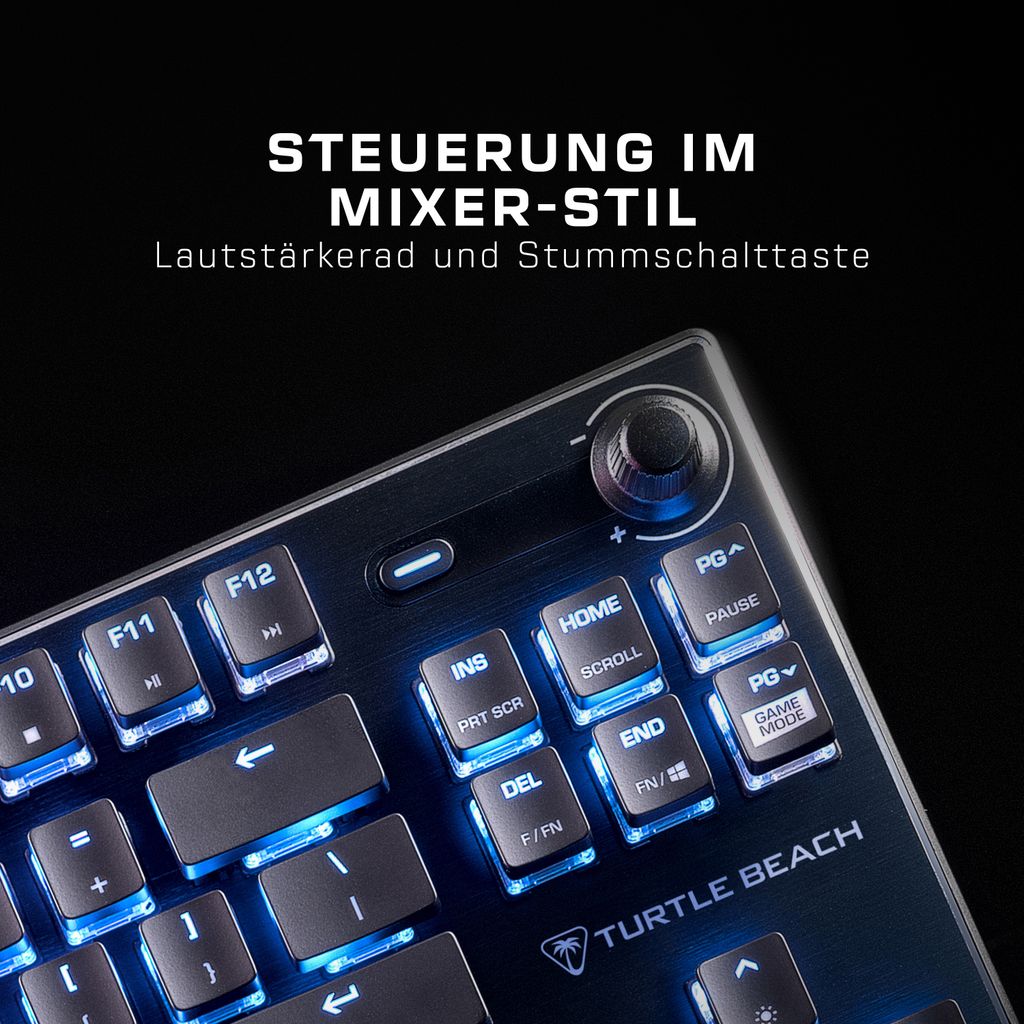 A close-up view of a mechanical gaming keyboard with illuminated keys and a rotary dial.