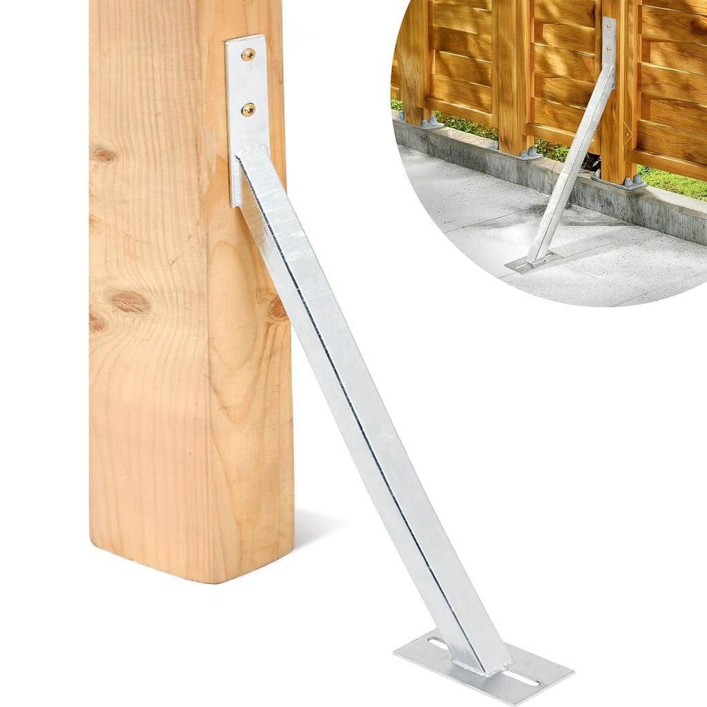 A close-up of a metal bracket attached to a wooden post, with a smaller inset image showing the bracket installed next to a fence.
