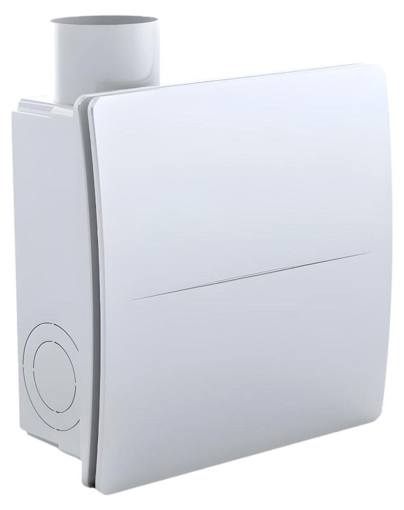 A white ventilation unit with a circular duct connector on a white background.