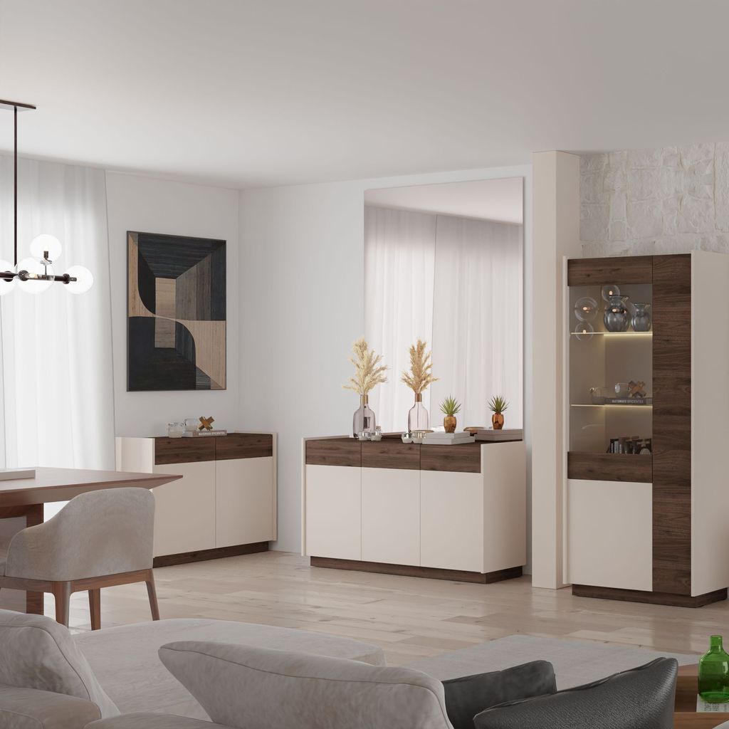 Masseno Kommode COSIMO 100 cm Sideboard mit 2 Schubladen und 2 Türen für Wohnzimmer Schlafzimmer Modern 100x40x83 cm Beige / Nussbaumfarben