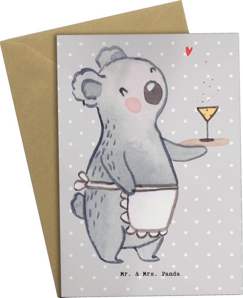 Mr. & Mrs. Panda Klappkarte Kellnerin Herz - Grau Pastell - Geschenk, babykarte, Glückwunschkarte, Essen, Abendessen, Lecker, Restaurant, Grußkar...
