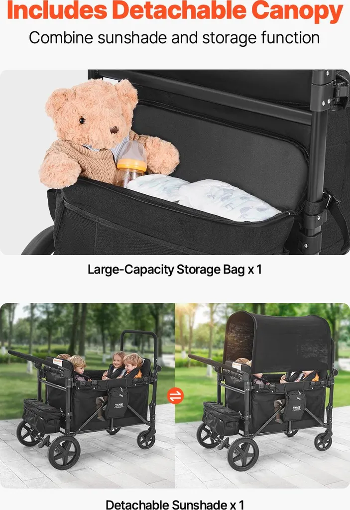 Grande poussette multiplace pliable pour 4 enfants avec canopy noir - 5