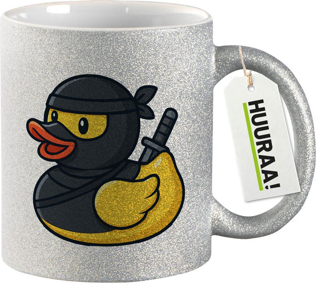 Huuraa Glitzertasse Quietscheente Ninja Gummiente Krieger 330ml Silber Keramik Kaffeebecher Geschenkidee
